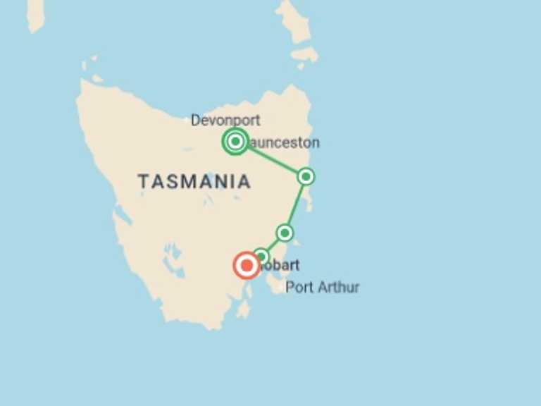 Map itinerary of Oceania Tour in September 2026 with 5 destination visits for the trip: Tassie Getaway