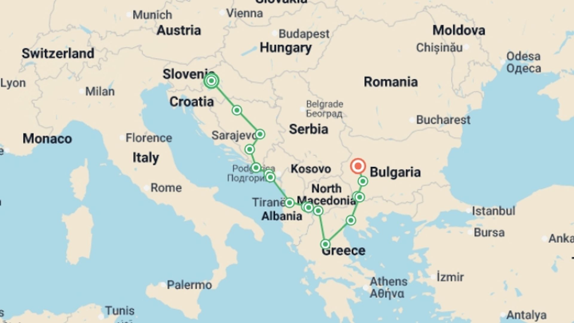 A map showing the tour itinerary for the trip: Balkan Dreams end Bulgaria, starting in Zagreb, Croatia and ending in Sofia, Bulgaria going through 6 other destinations.