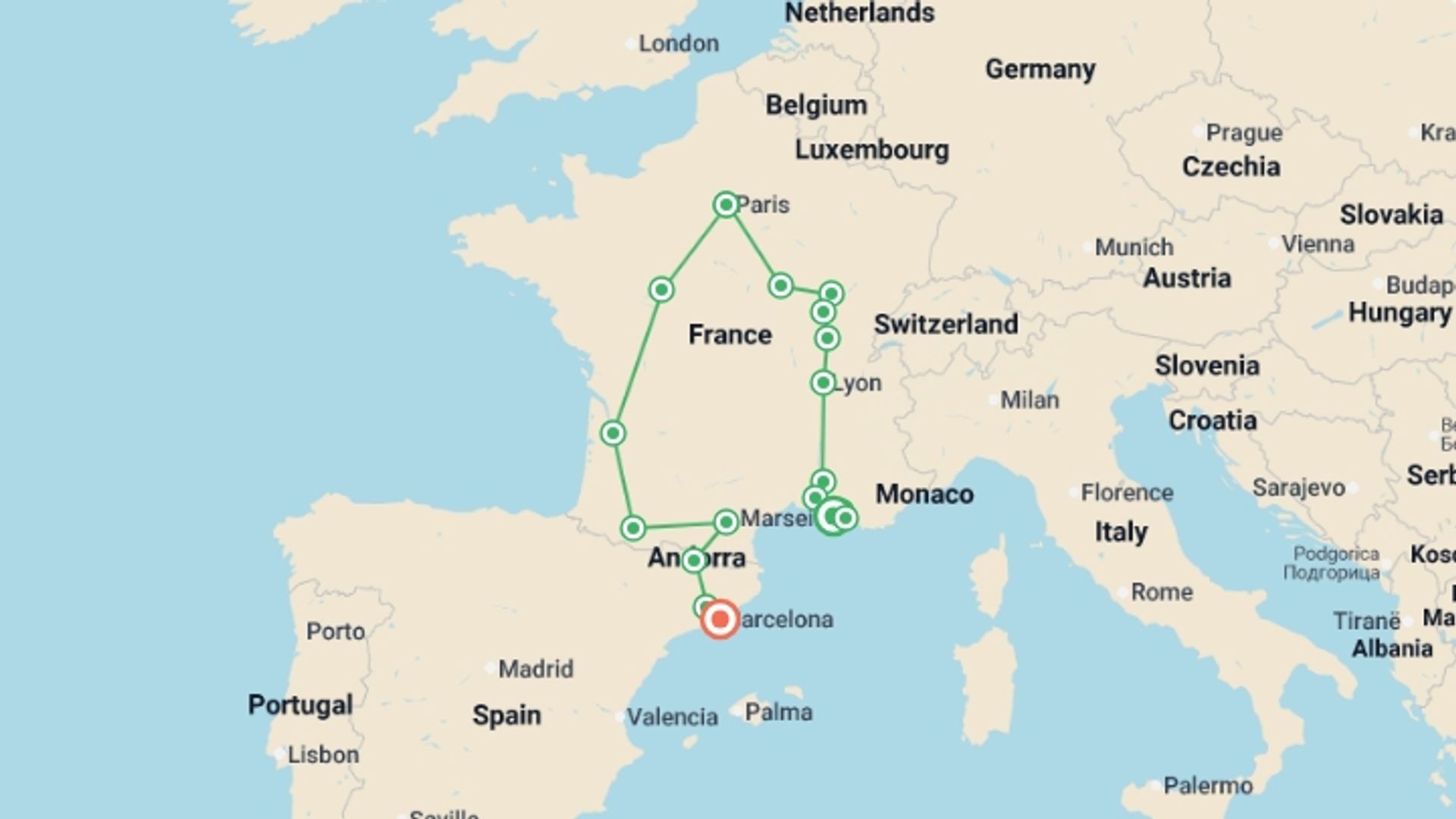 A map showing the tour itinerary for the trip: France, Andorra and Catalonia, starting in Blue Coast (Cote Bleue), France and ending in Barcelona, Spain going through 9 other destinations.