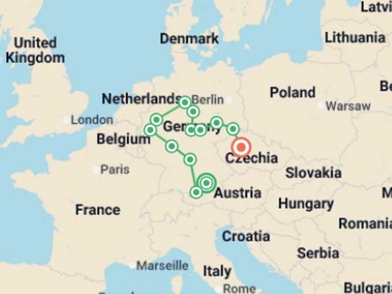 Map of 9-Day Munich Tour with 7 destination visits for the trip: From Bavaria to Prague