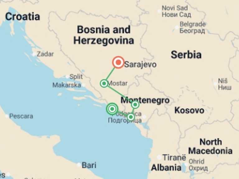 Map of Mediterranean Tour with 5 destination visits for the trip: Cycle the Balkans
