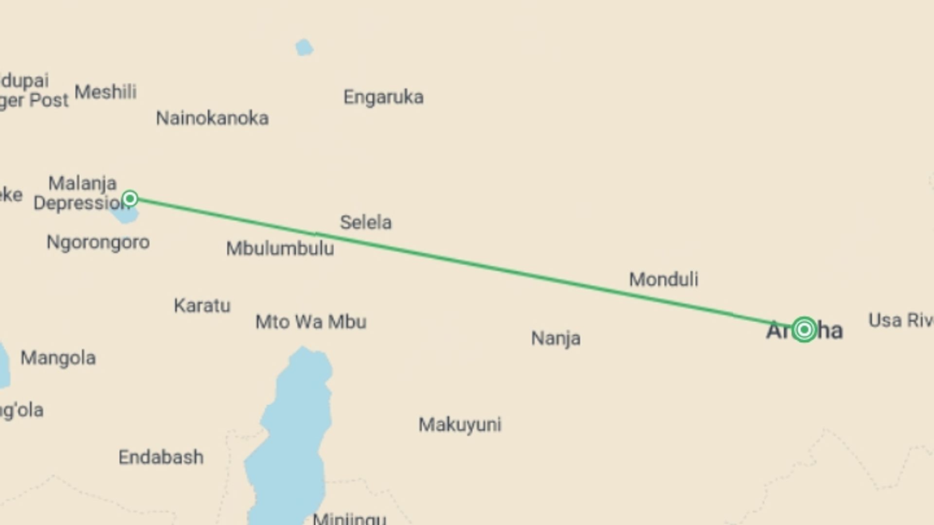 A map showing the tour itinerary for the trip: 2-Day Safari Lake Manayara Park& Ngorongoro Crater Lodge, starting in Arusha, Tanzania and ending in Arusha, Tanzania going through 2 other destinations.