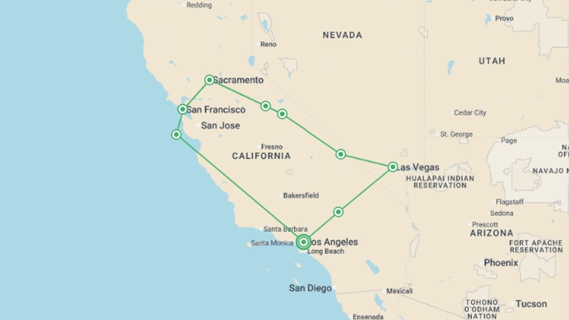 A map showing the tour itinerary for the trip: Western American Panorama, starting in Los Angeles, USA and ending in Central Coast, Central Coast going through 5 other destinations.
