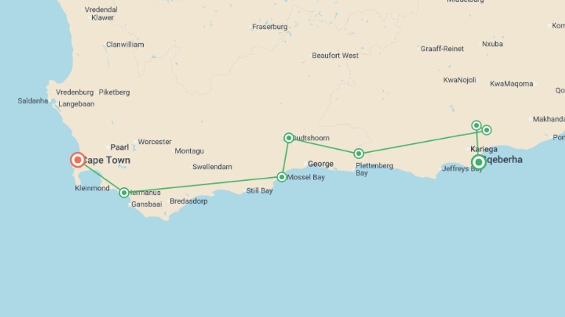 A map showing the tour itinerary for the trip: Cape Town & the Garden Route, starting in Port Elizabeth, South Africa and ending in Cape Town, South Africa going through 5 other destinations.