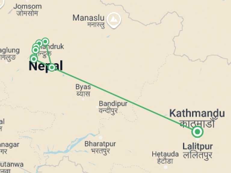 Map of Pokhara Trekking and Hiking Tour with 7 destination visits for the trip: Mardi Himal Trek