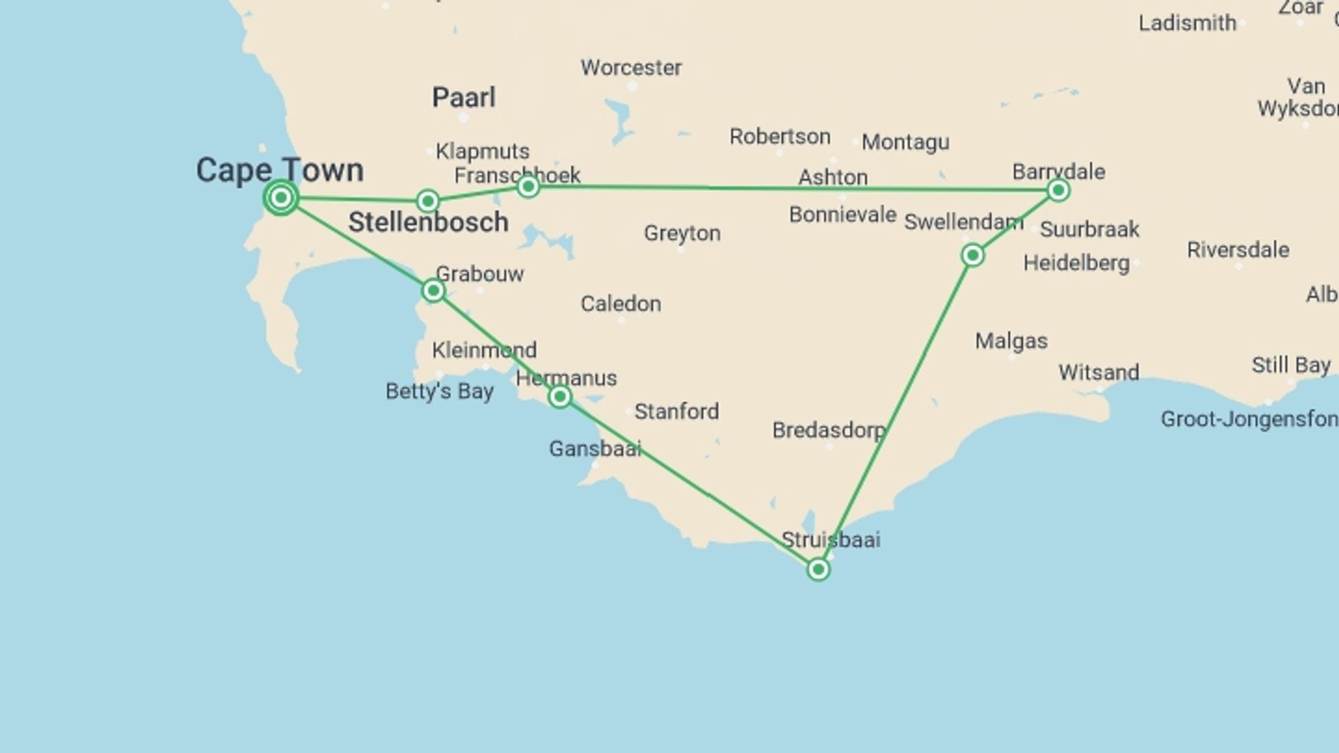 A map showing the tour itinerary for the trip: Cycling the Cape & Winelands, starting in Cape Town, South Africa and ending in Cape Town, South Africa going through 7 other destinations.