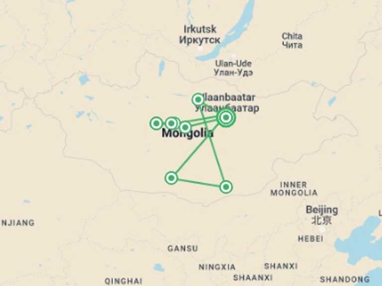 Map of Ulaanbaatar Tour with 9 destination visits for the trip: Cycling in Mongolia - Naadam Festival