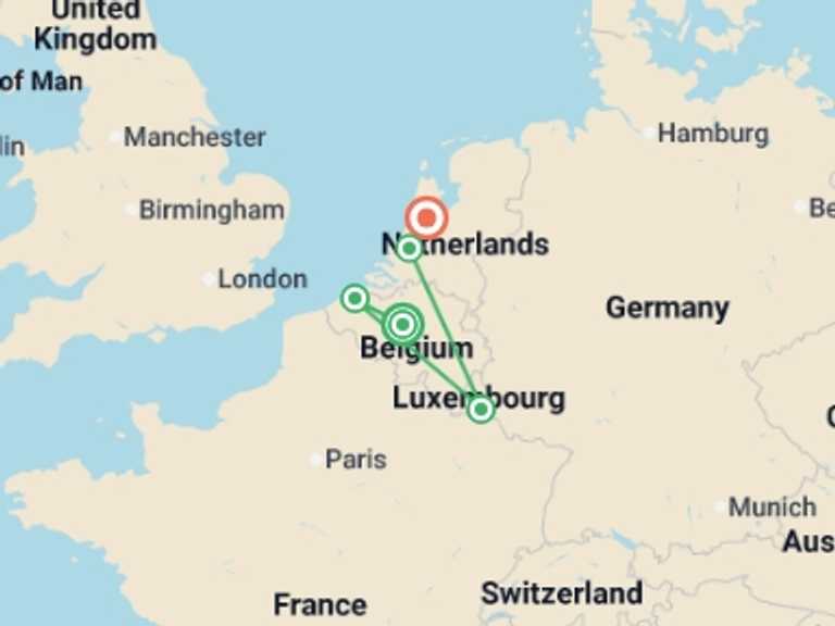 Map of Bruges Tour with 5 destination visits for the trip: Country Roads of Belgium, Luxembourg & the Netherlands