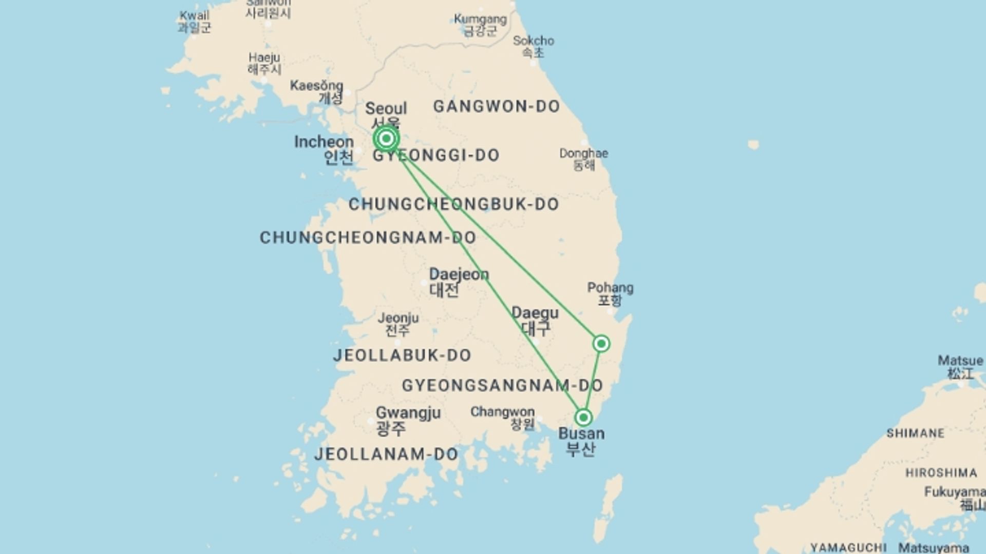 A map showing the tour itinerary for the trip: Solo-ish South Korea, starting in Seoul, South Korea and ending in Seoul, South Korea going through 2 other destinations.
