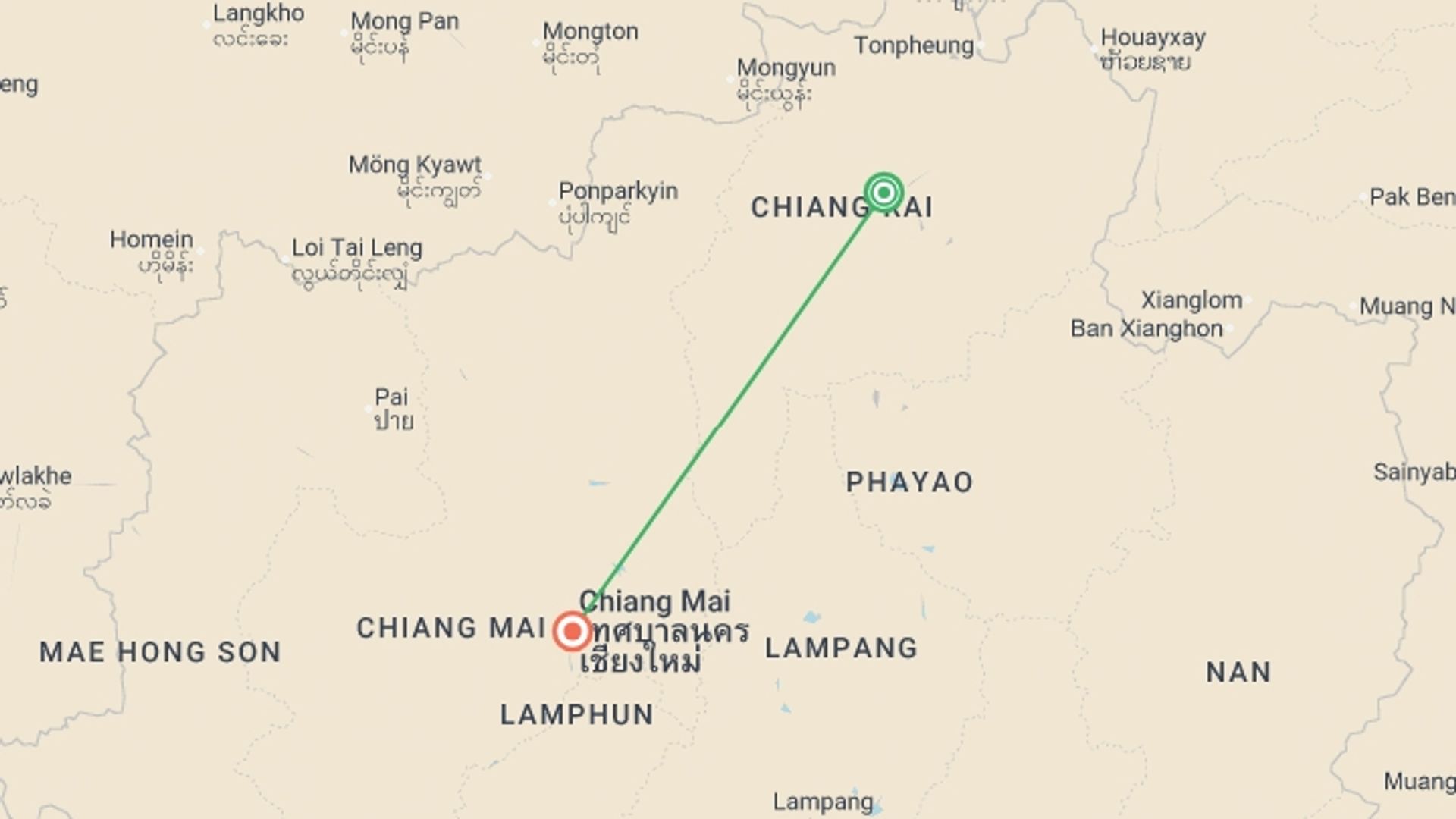 A map showing the tour itinerary for the trip: North Thailand Highlights, Small Group Tour (english Only), starting in Chiang Rai, Thailand and ending in Chiang Mai, Thailand going through 0 other destinations.