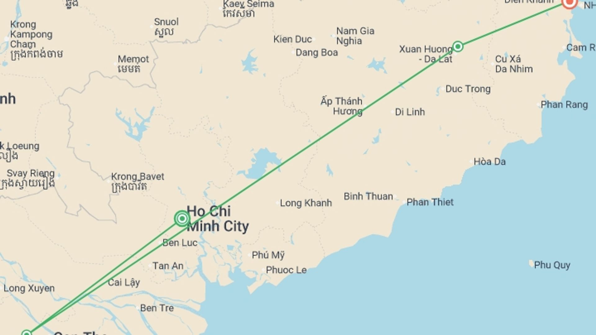 A map showing the tour itinerary for the trip: Vietnam Beach Fun Holiday - 9 days, starting in Ho Chi Minh City, Vietnam and ending in Nha Trang, Vietnam going through 2 other destinations.
