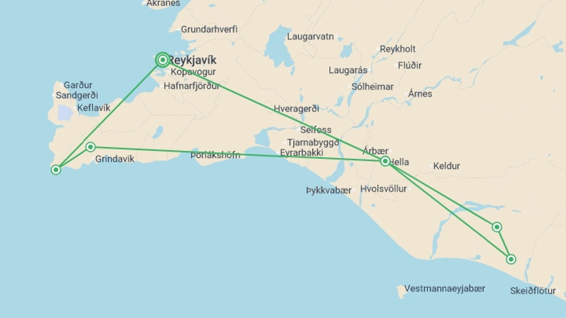 A map showing the tour itinerary for the trip: Land of the Northern Lights Comfort - 5 days, starting in Reykjavik, Iceland and ending in Reykjavik, Iceland going through 1 other destinations.