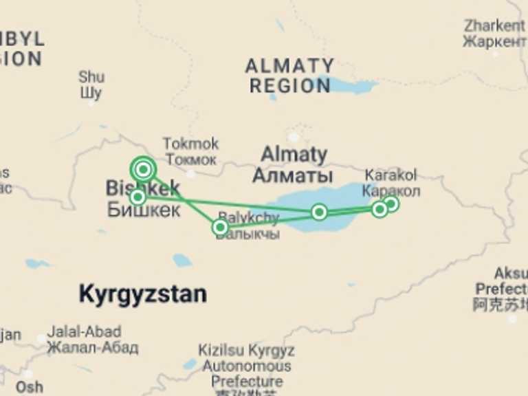 Map of a National parks Tour with 5 destination visits for the trip: Nomadic traditions