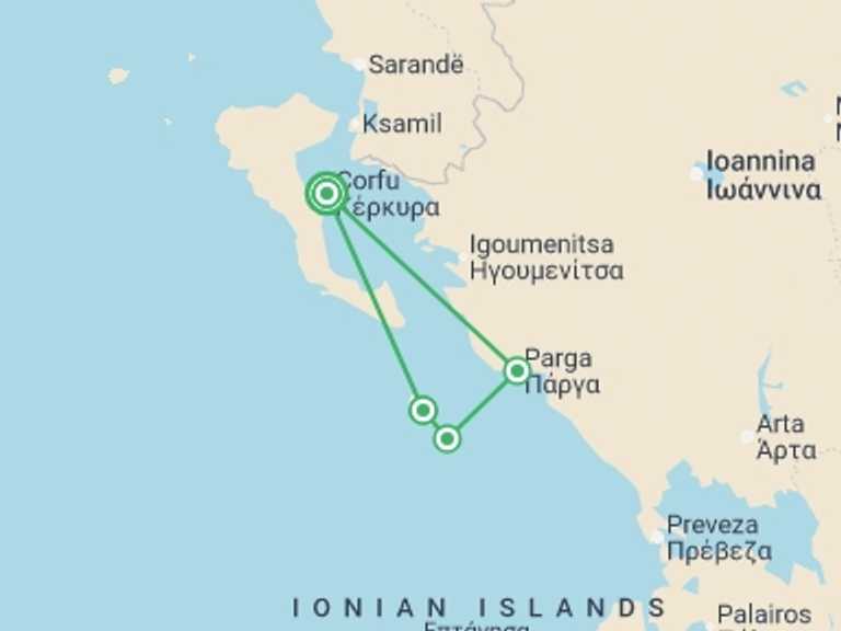 Map of Corfu Explorer Tour with 4 destination visits for the trip: Sailing the Ionian Islands