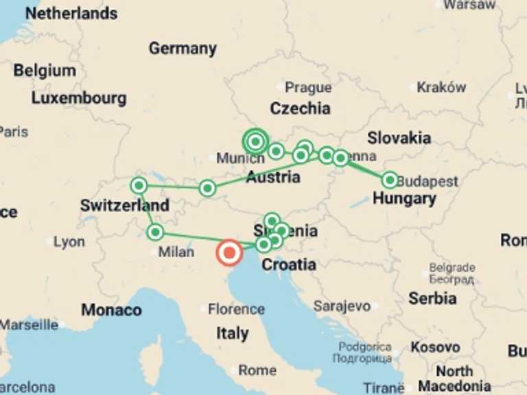 Map itinerary of Mediterranean Tour in Spring with 12 destination visits for the trip: Cruise & Rail: Grand Alpine & the Enchanting Danube (2026)