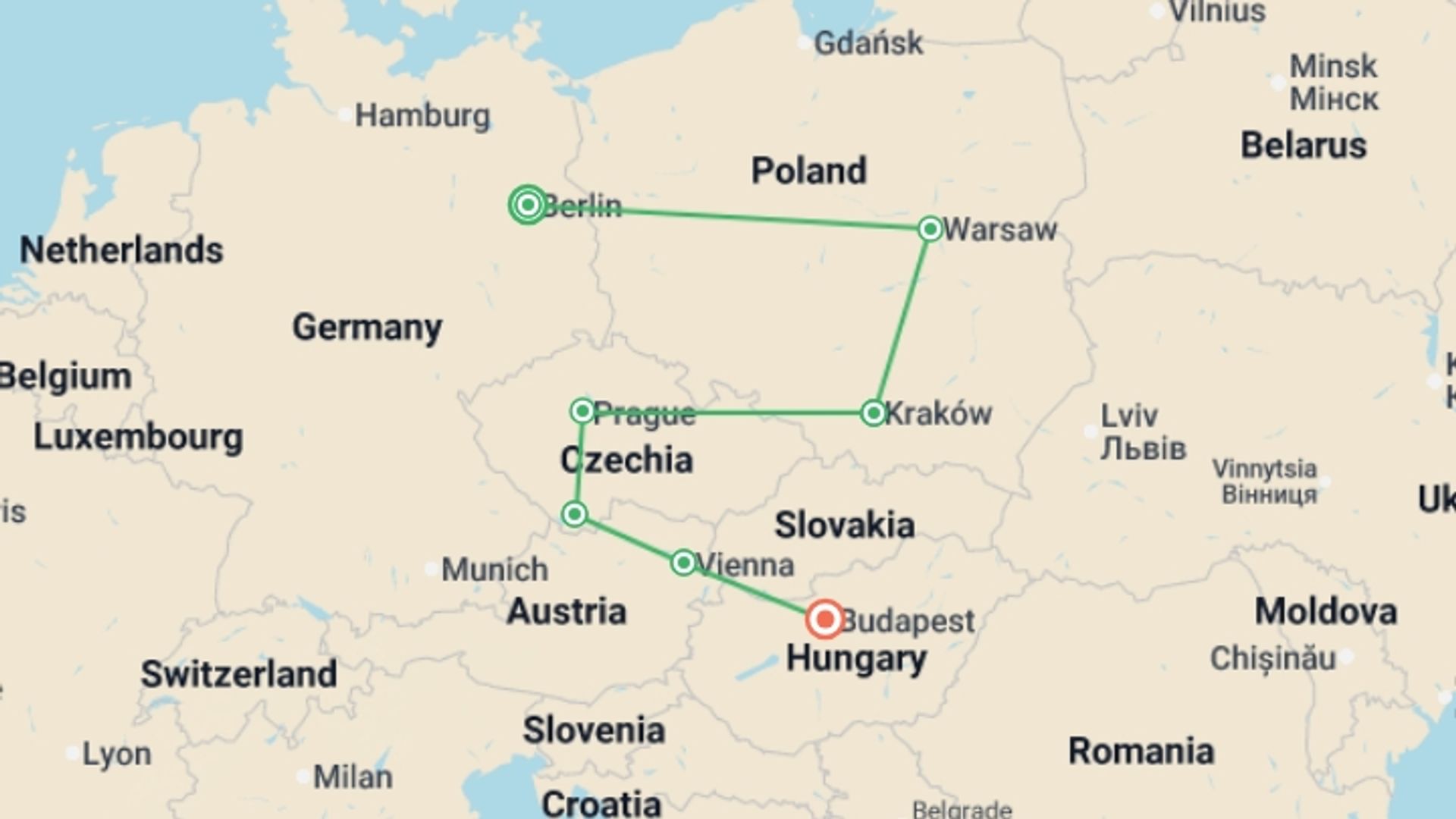 A map showing the tour itinerary for the trip: The Best of Eastern Europe, starting in Berlin, Germany and ending in Budapest, Hungary going through 5 other destinations.