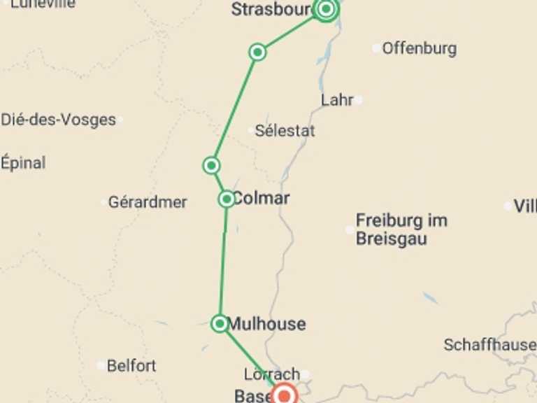 Map of 8-Day Strasbourg Tour with 6 destination visits for the trip: Alsace by Bike