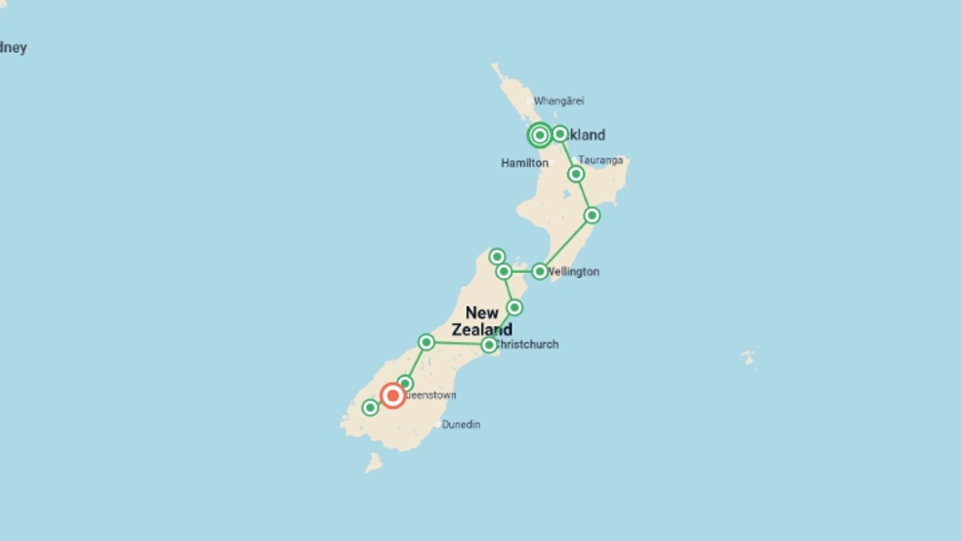 A map showing the tour itinerary for the trip: Grand New Zealand North and South, starting in Auckland, New Zealand and ending in Queenstown, New Zealand going through 11 other destinations.