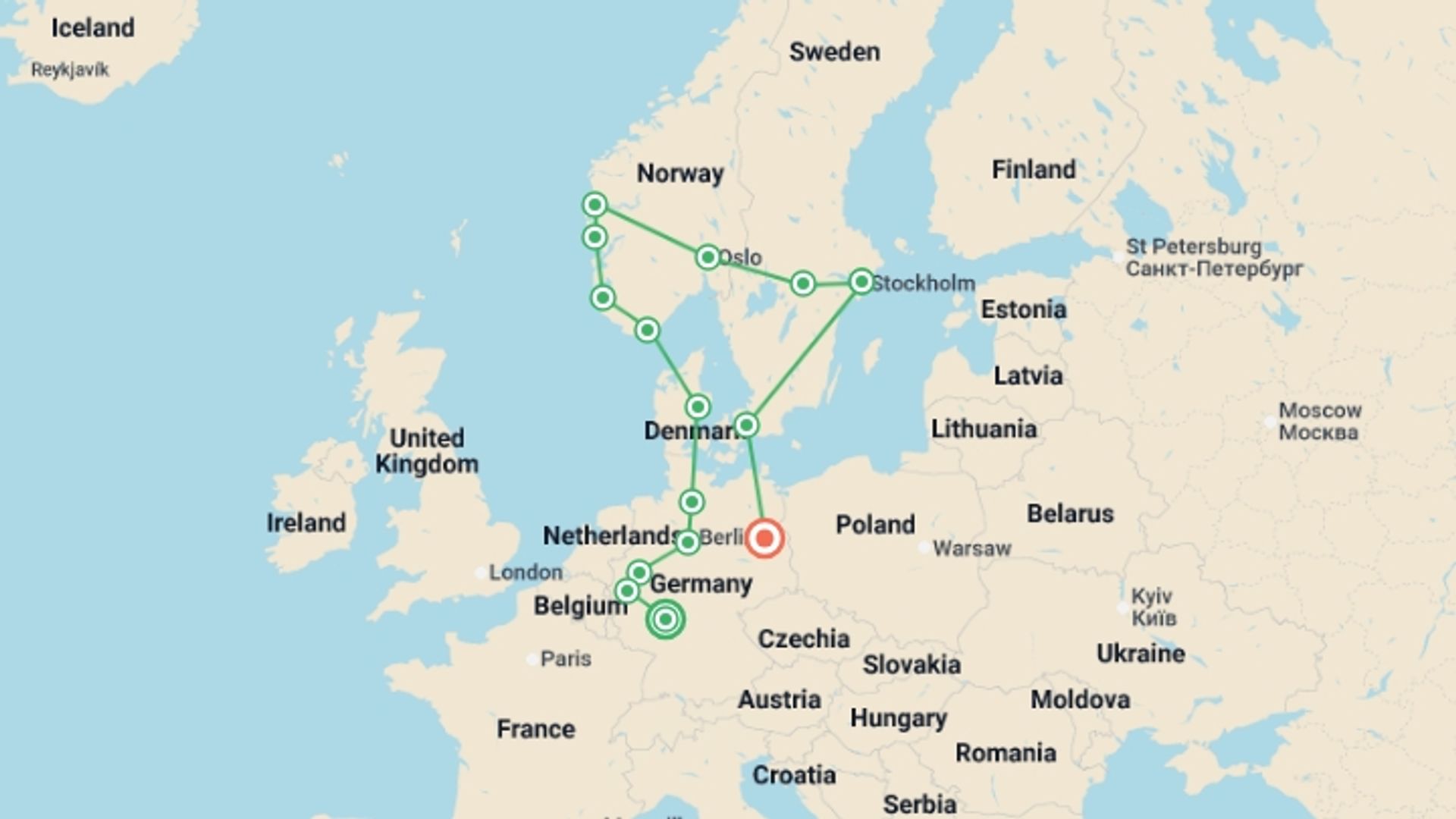 A map showing the tour itinerary for the trip: Beautiful Views End Berlin, starting in Frankfurt, Germany and ending in Berlin, Germany going through 8 other destinations.