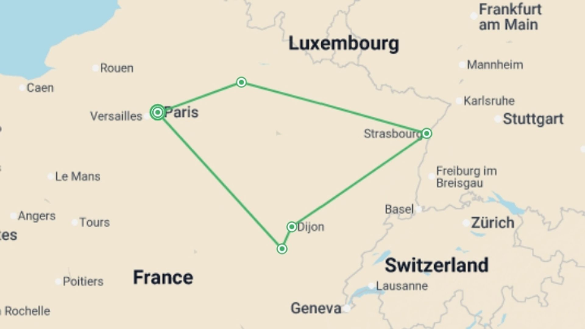 A map showing the tour itinerary for the trip: Villages of France, starting in Paris, France and ending in Paris, France going through 4 other destinations.