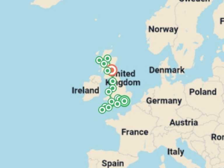 Map itinerary of UK and Britain Tour in July 2027 with 16 destination visits for the trip: Best of the United Kingdom