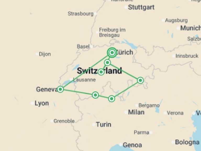 Map itinerary of Europe Tour in June 2026 with 7 destination visits for the trip: Best of Switzerland