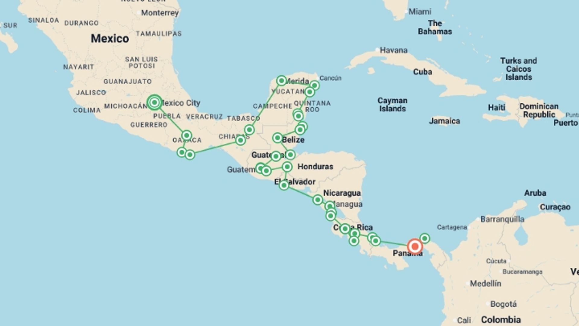 A map showing the tour itinerary for the trip: Mexico City to Panama City Travel Pass, starting in Mexico City, Mexico and ending in Panama City, Panama going through 30 other destinations.