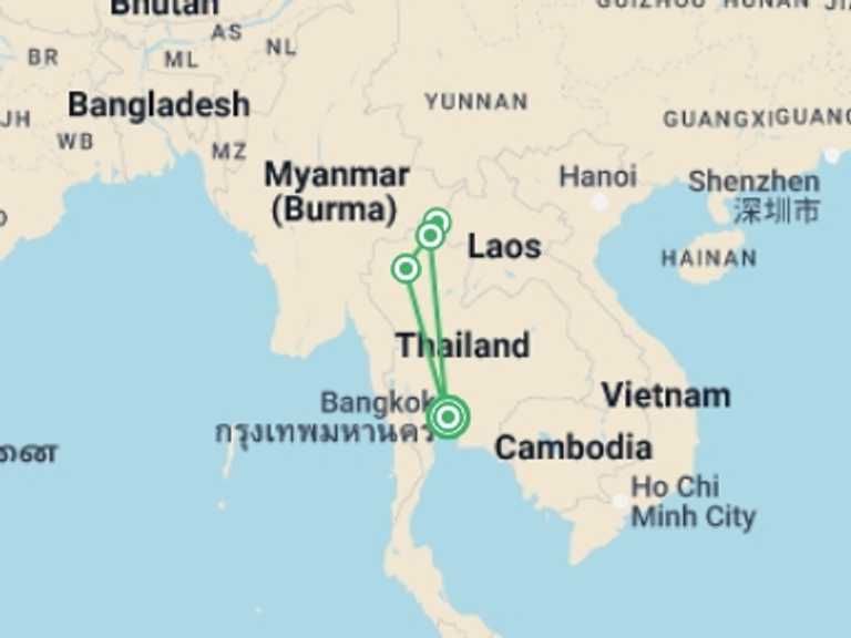 Map of Thailand Tour with 4 destination visits for the trip: Bangkok And Golden Triangle, Private Tour
