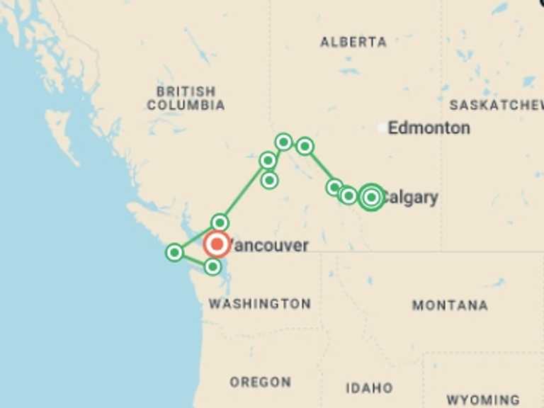 Map of a Explorer Tour with 11 destination visits for the trip: Canadian Rockies and Pacific Coast