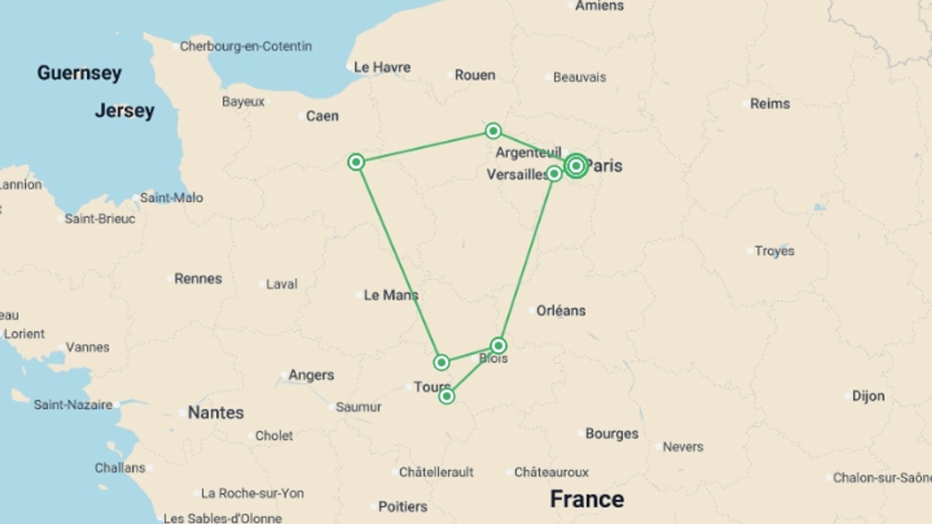 A map showing the tour itinerary for the trip: France Family Journey: From Paris to Normandy and Beyond, starting in Paris, France and ending in Paris, France going through 3 other destinations.