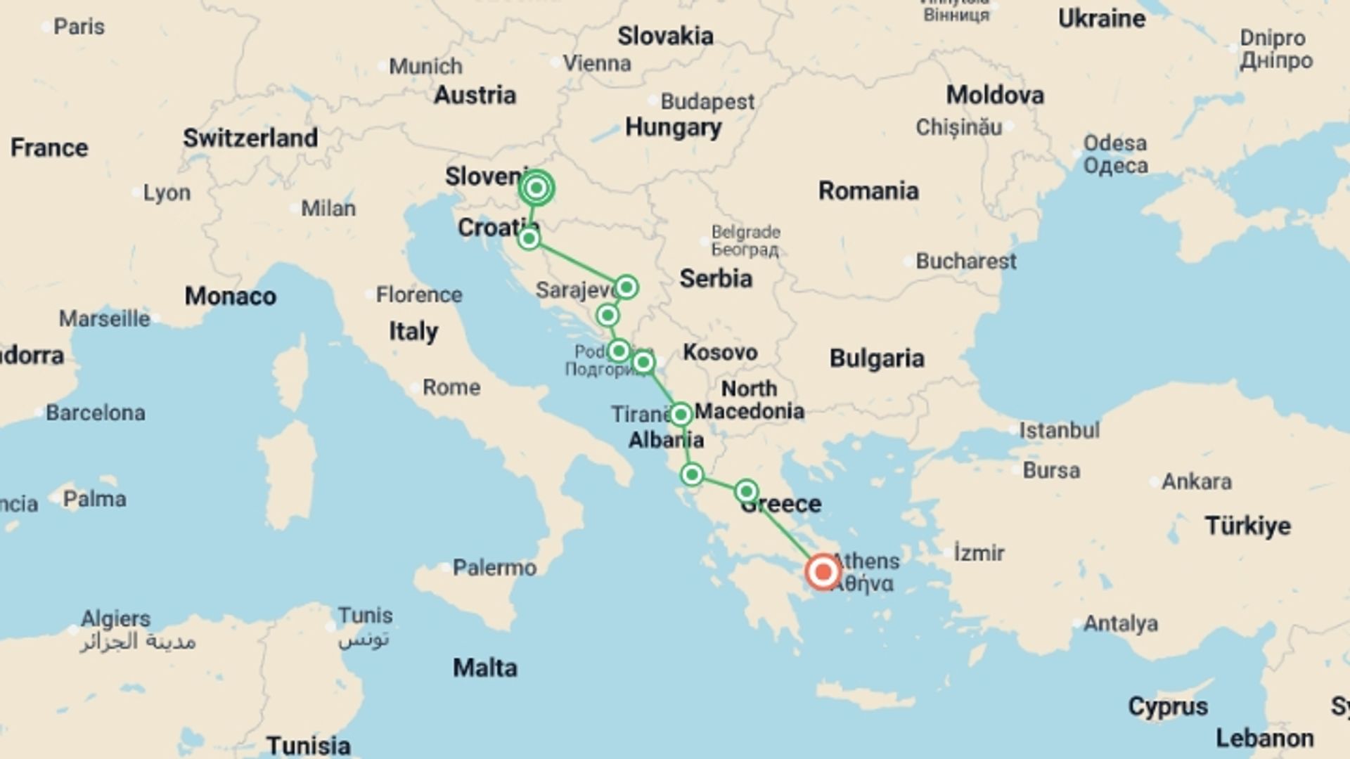 A map showing the tour itinerary for the trip: The Balkans From Coastal Croatia to Legendary Greece, starting in Zagreb, Croatia and ending in Athens, Greece going through 7 other destinations.
