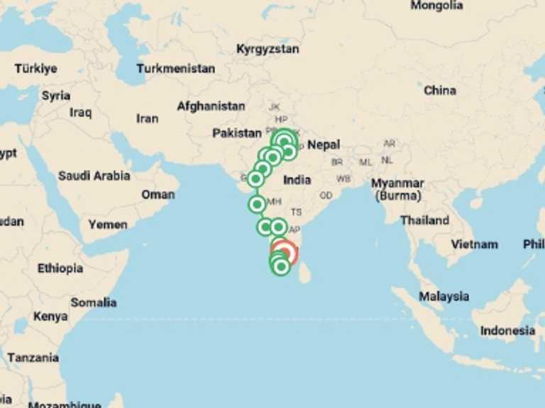 Map itinerary of India Tour in February 2027 with 17 destination visits for the trip: India North to South: Goa & The Golden Triangle