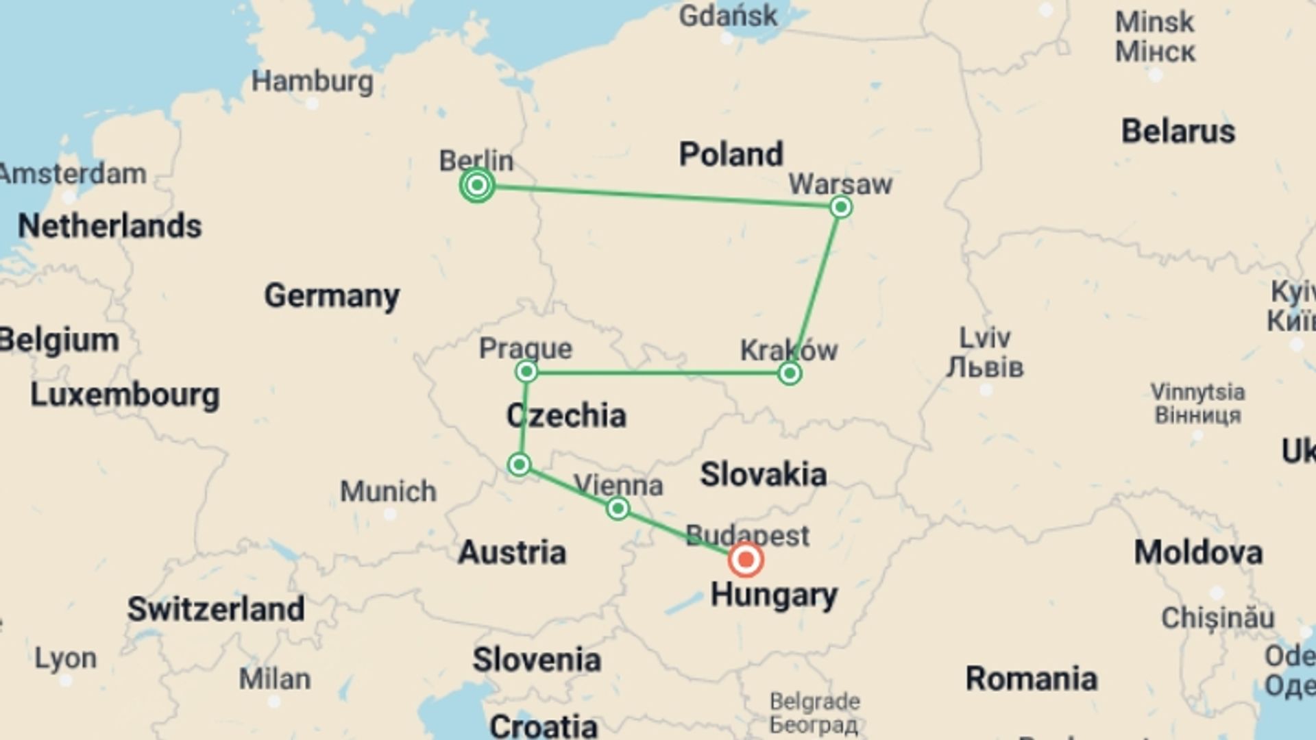 A map showing the tour itinerary for the trip: The Best of Eastern Europe, starting in Berlin, Germany and ending in Budapest, Hungary going through 5 other destinations.