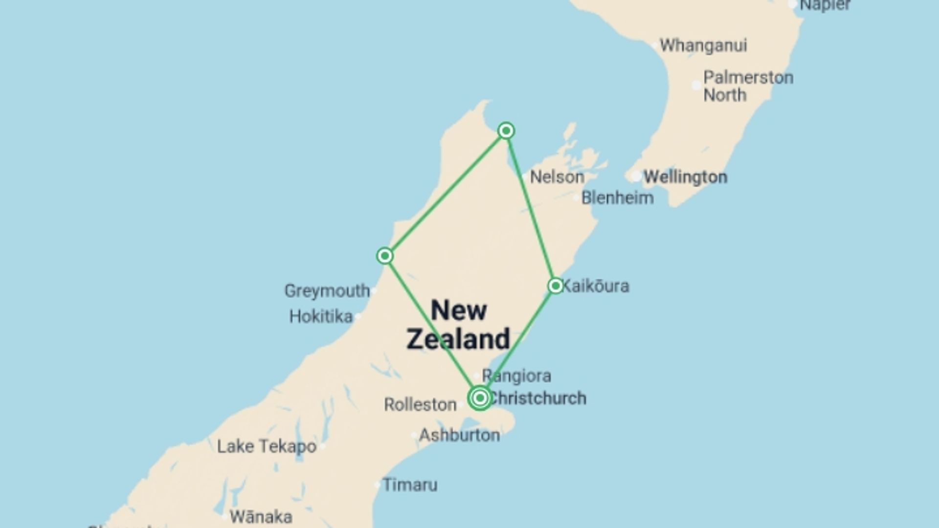 A map showing the tour itinerary for the trip: Budget Christchurch Loop - 7 days, starting in Christchurch, New Zealand and ending in Christchurch, New Zealand going through 3 other destinations.