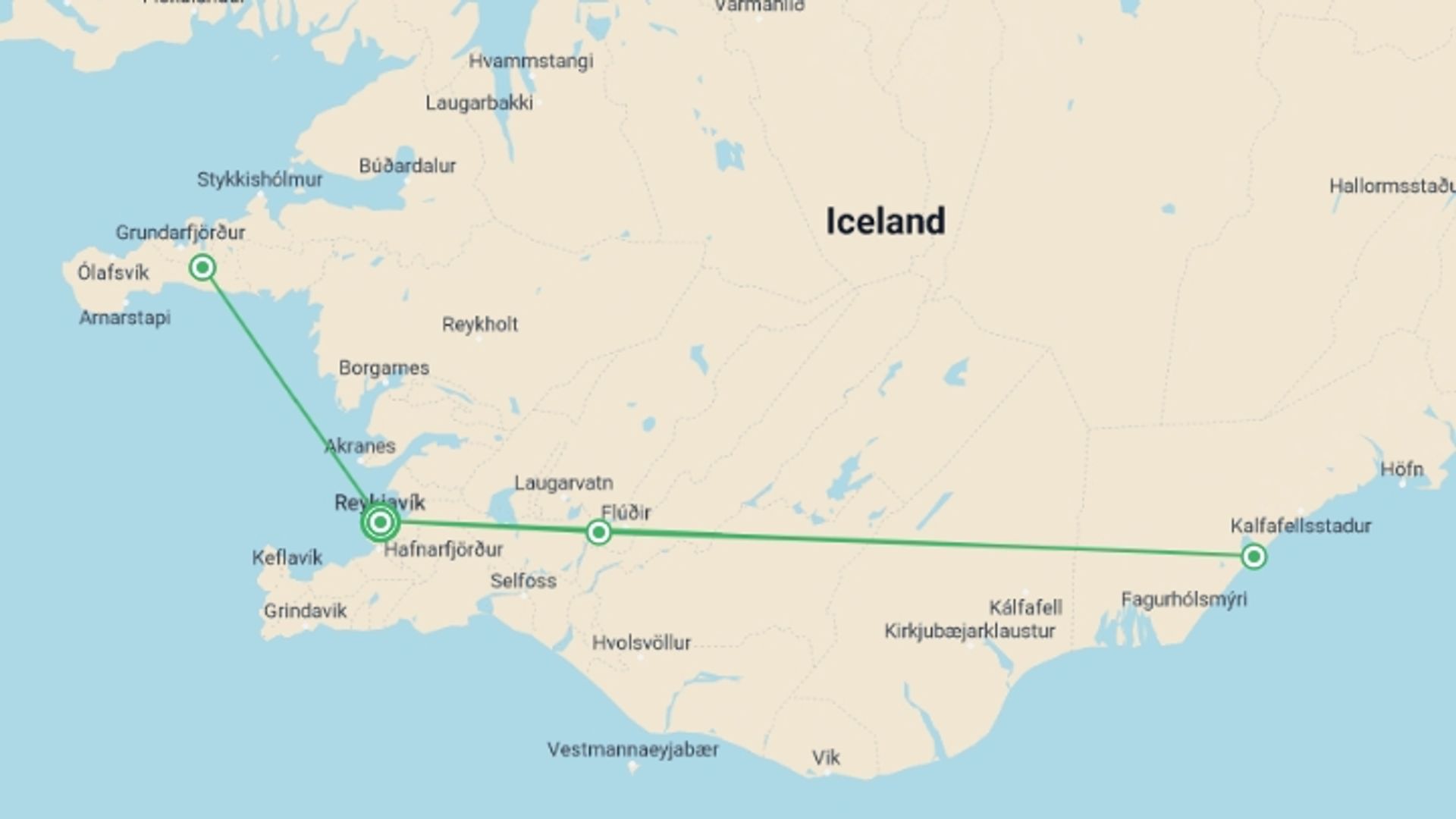A map showing the tour itinerary for the trip: Delve Deep: Iceland (Winter), starting in Reykjavik, Iceland and ending in Reykjavik, Iceland going through 3 other destinations.