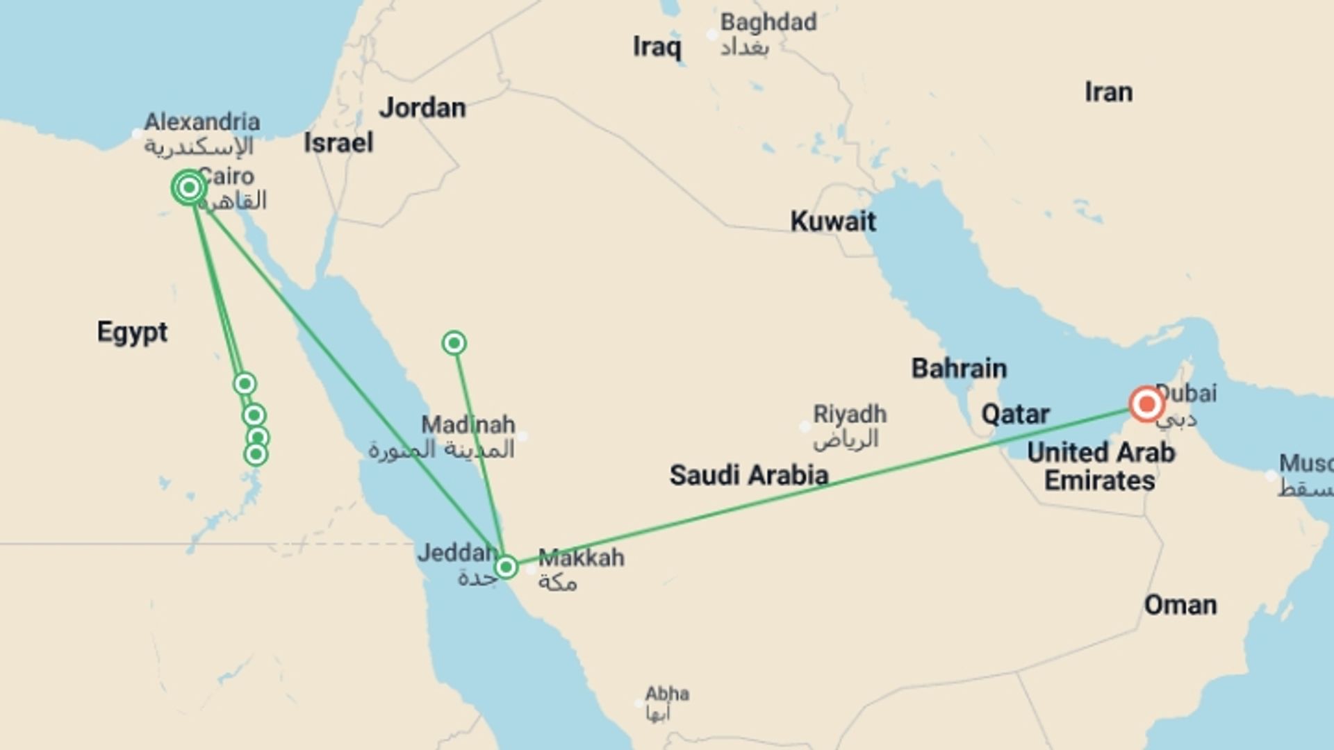 A map showing the tour itinerary for the trip: Best of Egypt Saudi Arabia and Dubai, starting in Cairo, Egypt and ending in Dubai, UAE going through 5 other destinations.