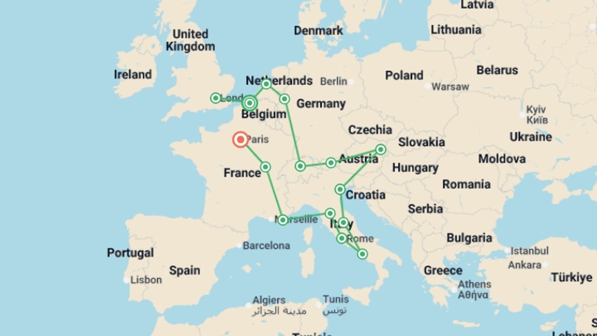 A map showing the tour itinerary for the trip: Grand European, starting in Bruges, Belgium and ending in Paris, France going through 13 other destinations.