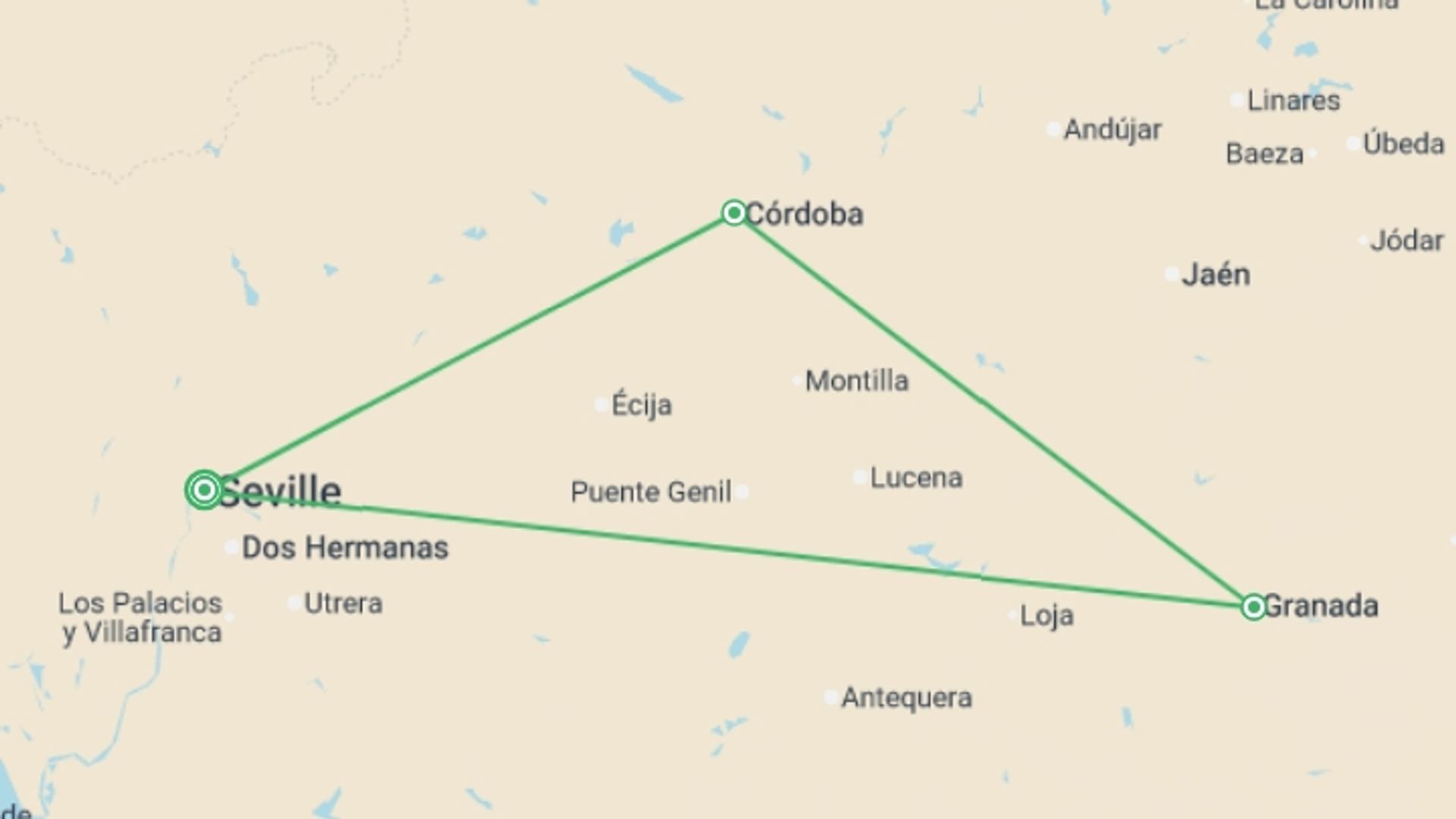 A map showing the tour itinerary for the trip: Must Of Andalusia, Self-drive, starting in undefined, Spain and ending in undefined, Spain going through 0 other destinations.
