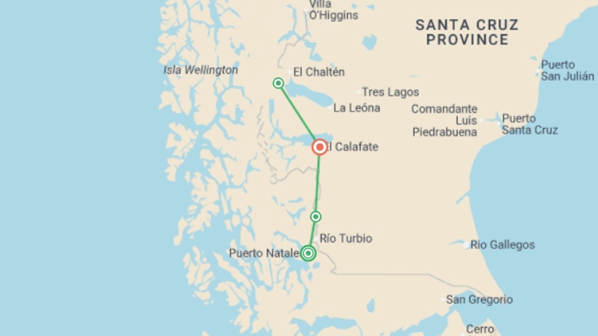 A map showing the tour itinerary for the trip: Patagonia: Torres del Paine & Los Glaciares National Park, starting in Puerto Natales, Chile and ending in El Calafate, Argentina going through 2 other destinations.