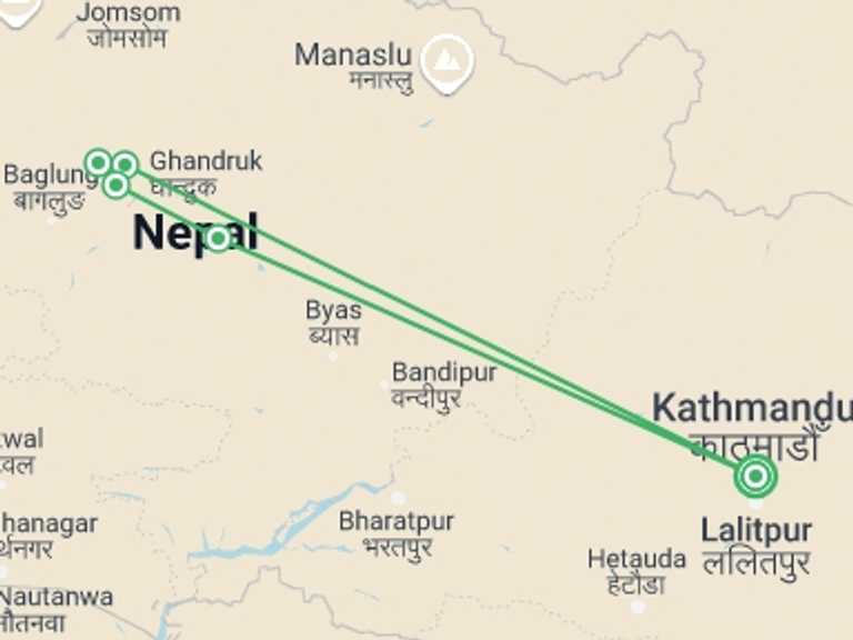 Map itinerary of Poonhill trek Tour in July 2027 with 6 destination visits for the trip: Ghorepani Poon Hill Sunrise Trekking