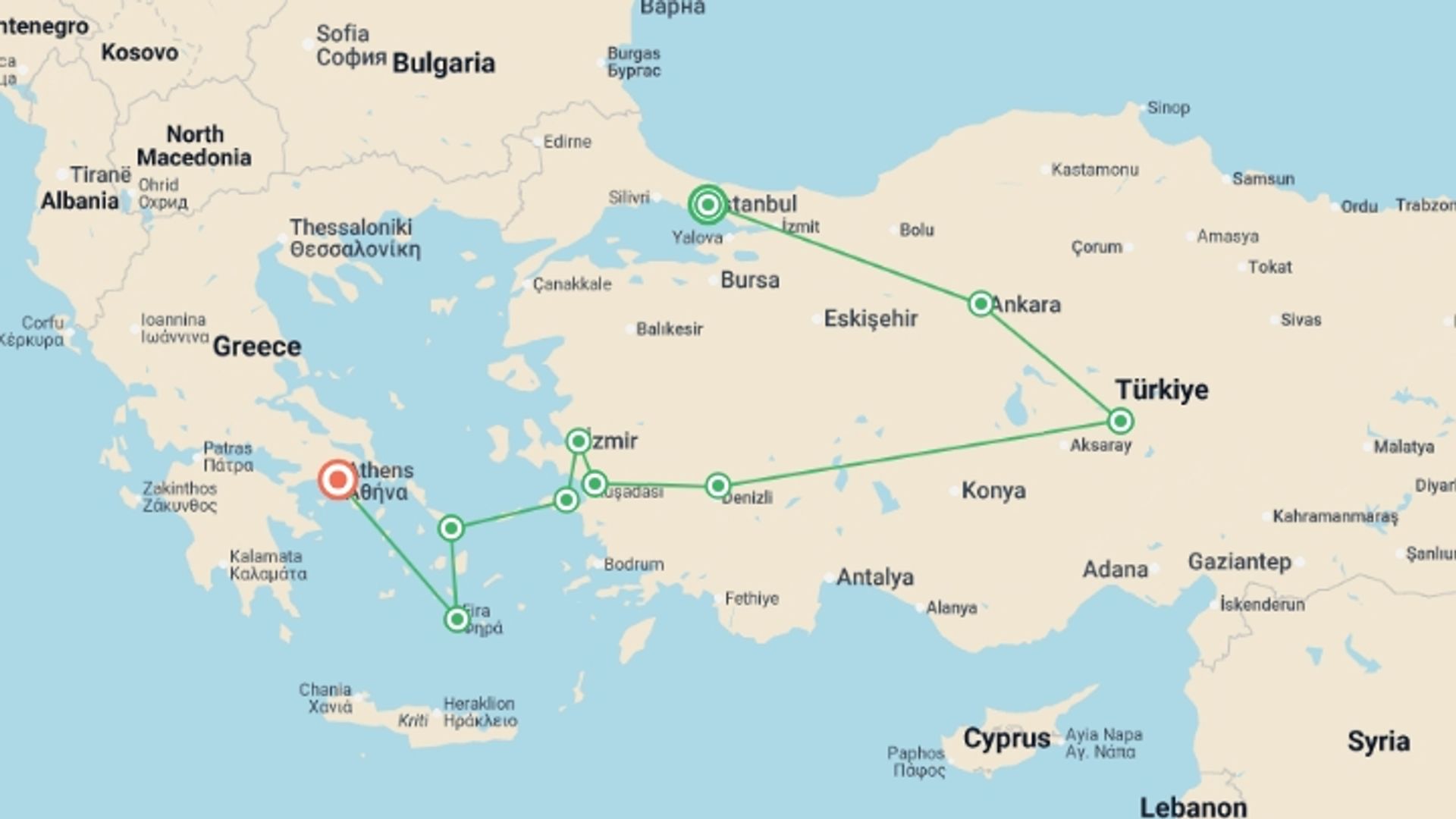 A map showing the tour itinerary for the trip: Istanbul to Cappadocia, Santorini & Athens - 15 days, starting in Istanbul, Turkey and ending in Athens, Greece going through 7 other destinations.