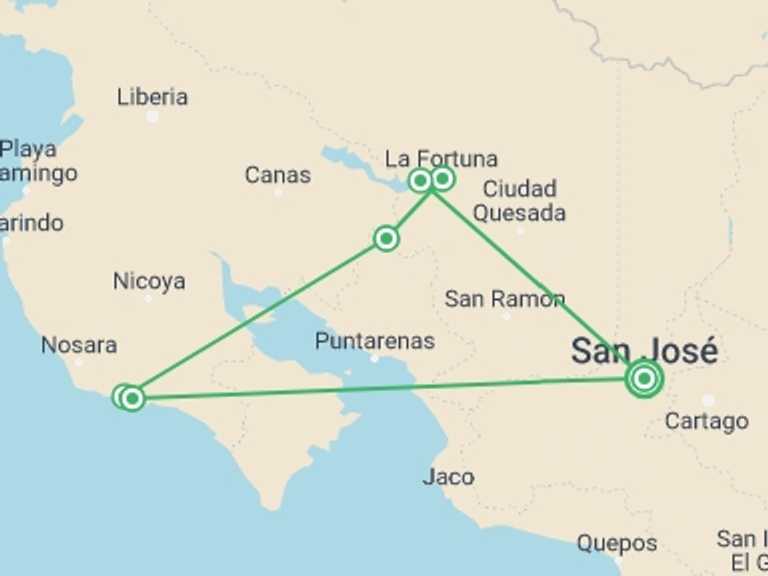 Map itinerary of San Jose Tour in August 2026 with 4 destination visits for the trip: Costa Rica Family Escape