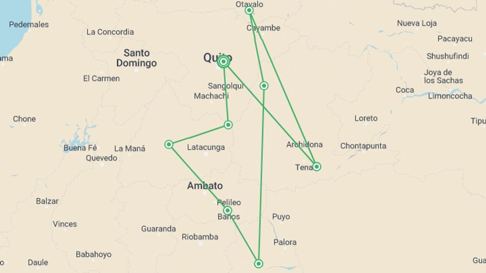 A map showing the tour itinerary for the trip: 12 Days Andean Adventure: Traversing Ecuador's Icons, starting in Quito, Ecuador and ending in Quito, Ecuador going through 5 other destinations.