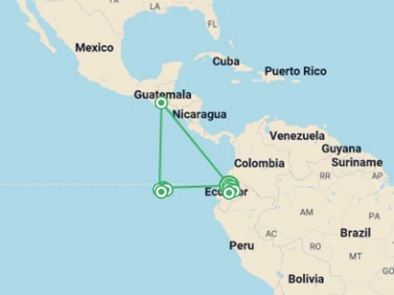 Map itinerary of South America Tour in March 2026 with 9 destination visits for the trip: Highlights of Ecuador & the Galapagos