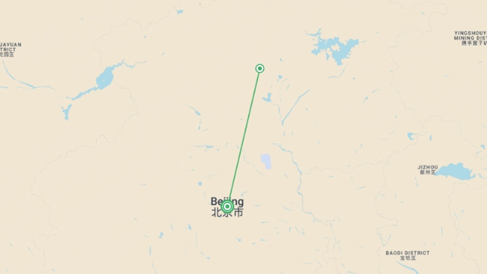 A map showing the tour itinerary for the trip: Beijing City Break (Standard) - 4 days, starting in Beijing, China and ending in Beijing, China going through 1 other destinations.