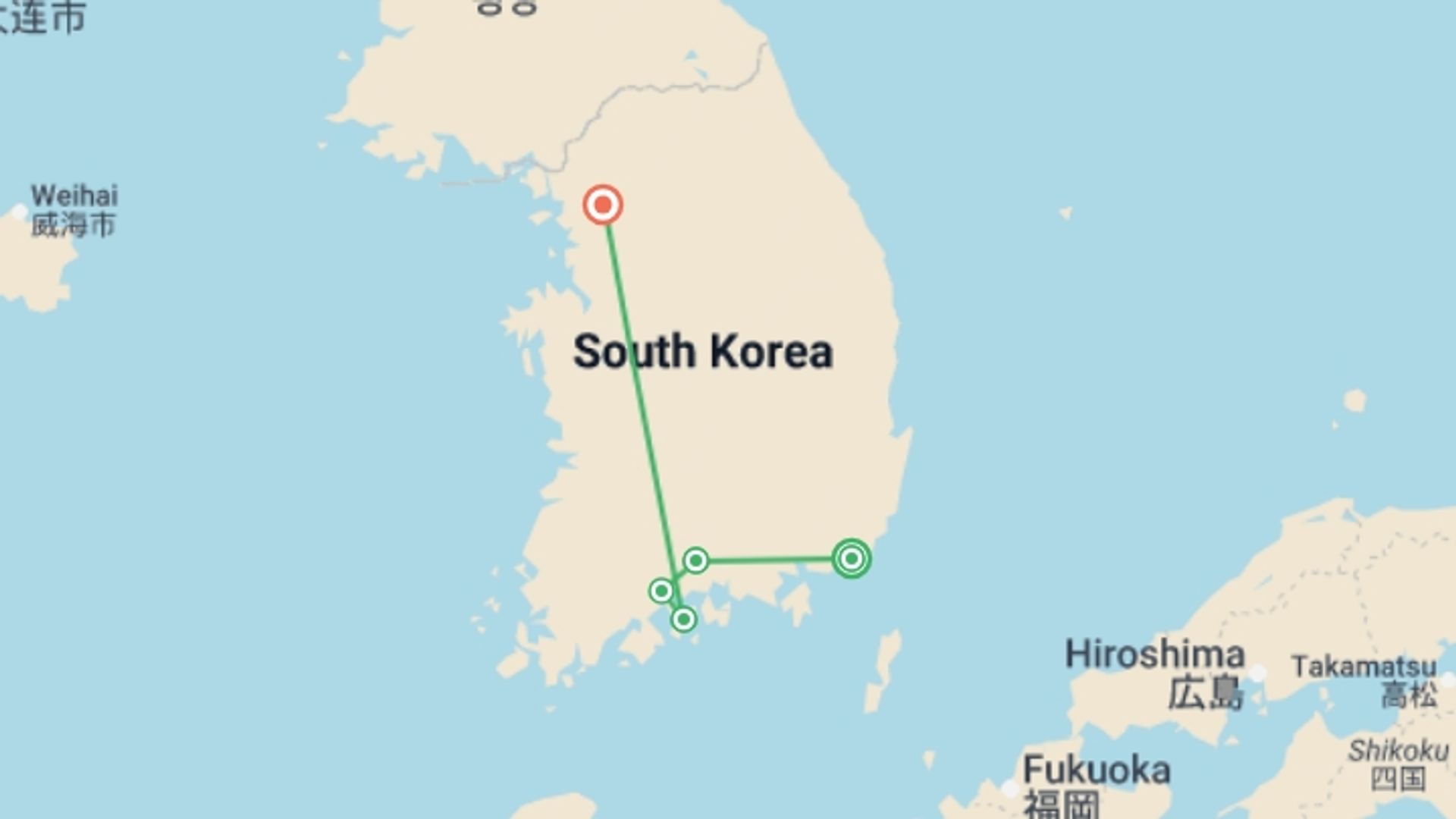 A map showing the tour itinerary for the trip: Coastal Charms of South Korea, starting in Busan, South Korea and ending in Seoul, South Korea going through 2 other destinations.