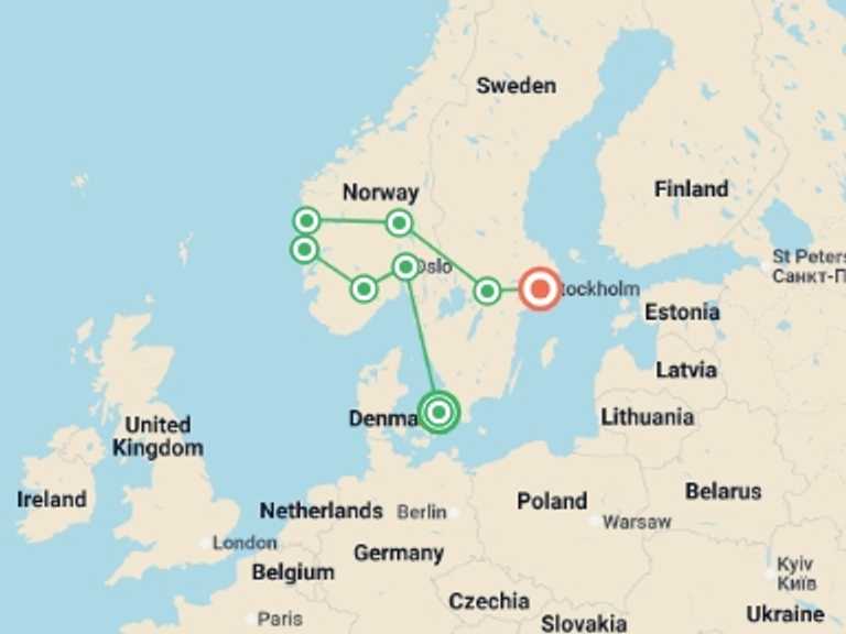 Map of Scandinavia Tour with 8 destination visits for the trip: Highlights of Scandinavia
