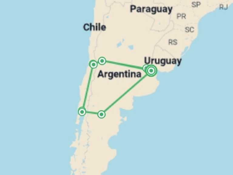 Map itinerary of Chile Tour in March 2026 with 12 destination visits for the trip: Luxury Food and Wine Tour of Argentina & Chile in 14 days