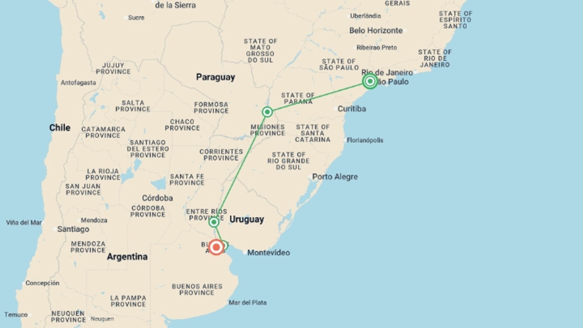 A map showing the tour itinerary for the trip: South America: Sao Paulo to Buenos Aires, starting in Sao Paulo, Brazil and ending in Buenos Aires, Argentina going through 3 other destinations.