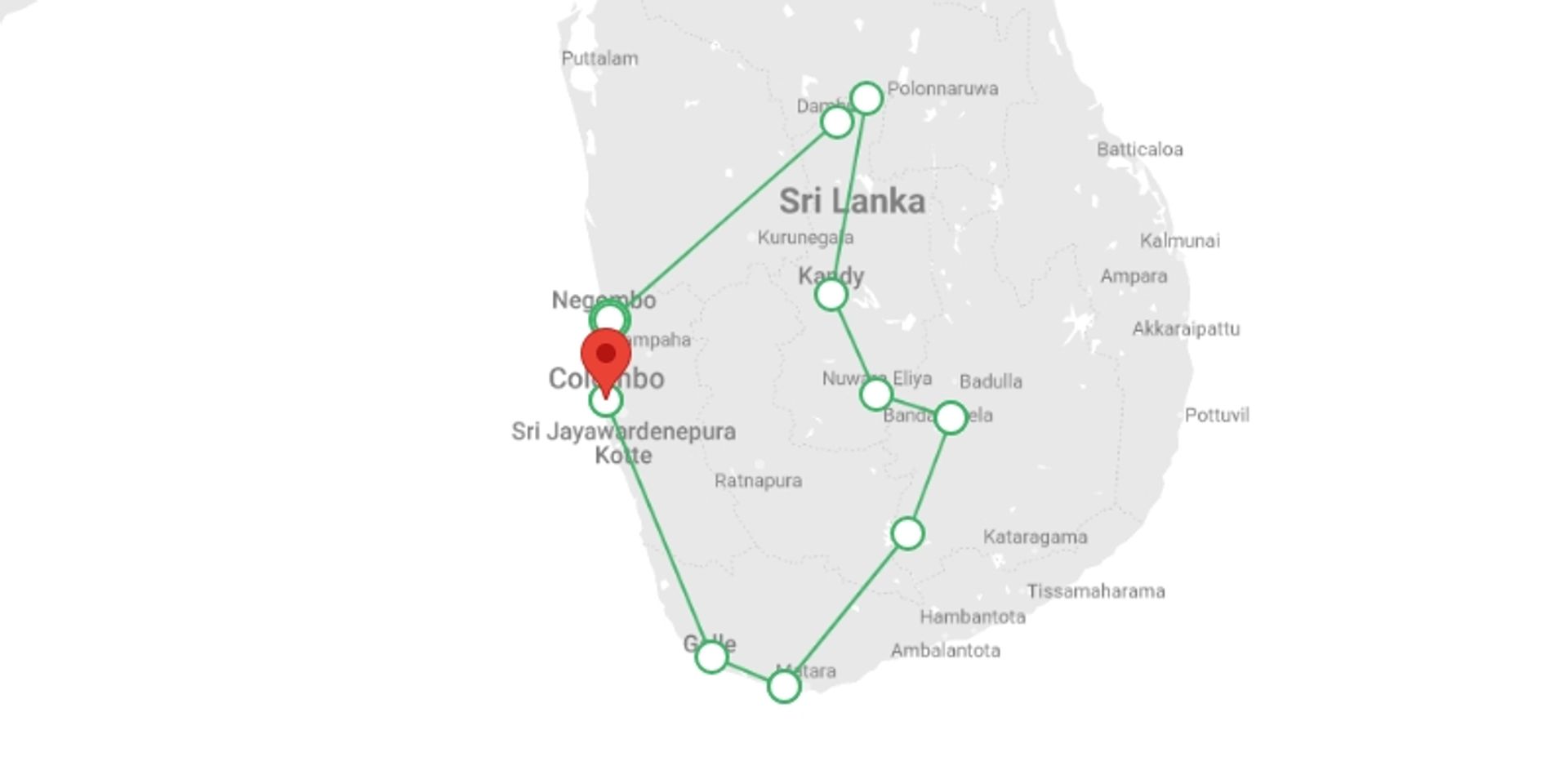 A map showing the tour itinerary for the trip: Wonders of Sri Lanka, starting in Negombo, Sri Lanka and ending in Colombo, Sri Lanka going through 7 other destinations.